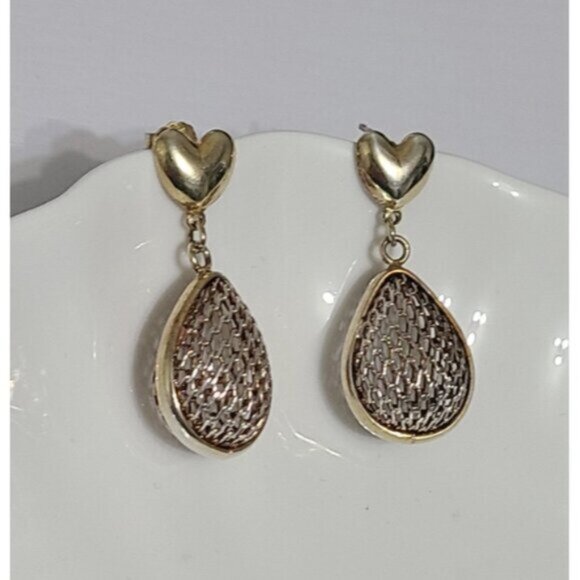 Vintage Sterling Silver Gold Plated Heart  Chunky Mesh Drop Dangle Earrings - Picture 2 of 9